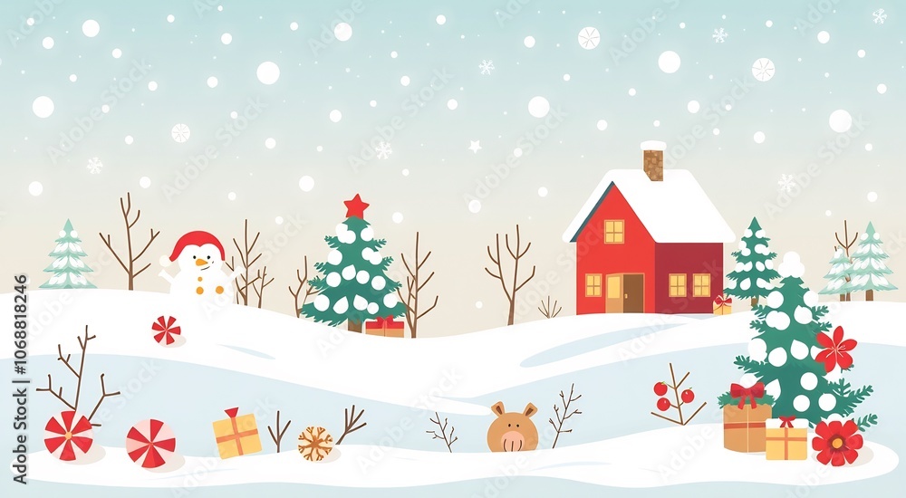 Snowy Christmas scene with a snowman, red house, and two Christmas trees with presents. Snowy Christmas scene with a snowman, red house, and two Christmas trees with presents.