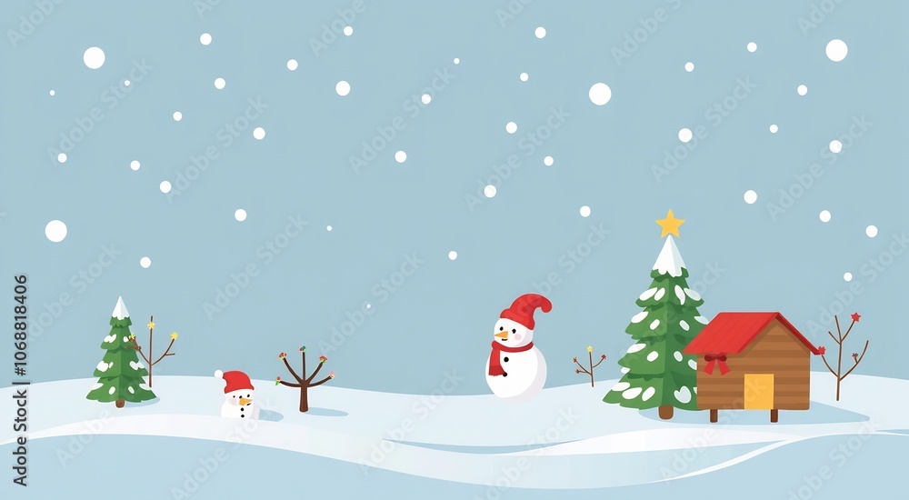 A winter wonderland with two snowmen, a Christmas tree, a small house and falling snow. A winter wonderland with two snowmen, a Christmas tree, a small house and falling snow.