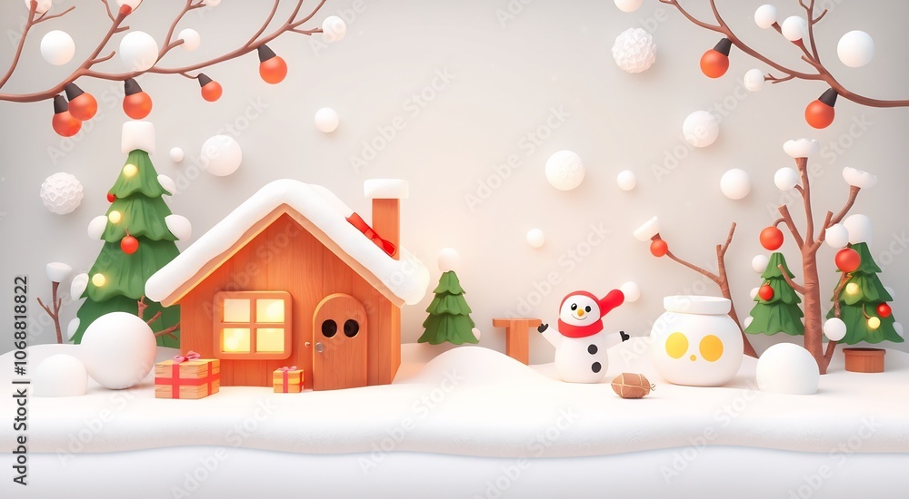 Snowman standing in front of a snowy house with Christmas trees and presents in a winter wonderland. Snowman standing in front of a snowy house with Christmas trees and presents in a winter wonderland.