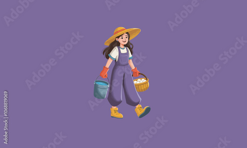 Young woman farmer carrying eggs and water in buckets