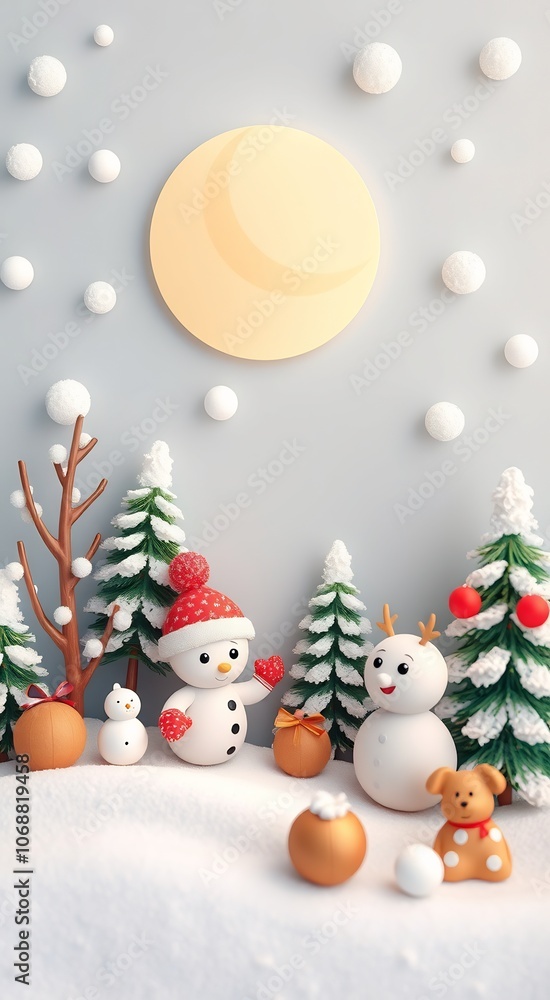Snowman Family with Christmas Ornaments in a Winter Wonderland. Snowman Family with Christmas Ornaments in a Winter Wonderland.
