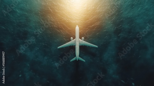 From above, an airplane glides over the ocean into a glowing sunset, showcasing a breathtaking view that symbolizes freedom, exploration, and the joy of adventure. photo