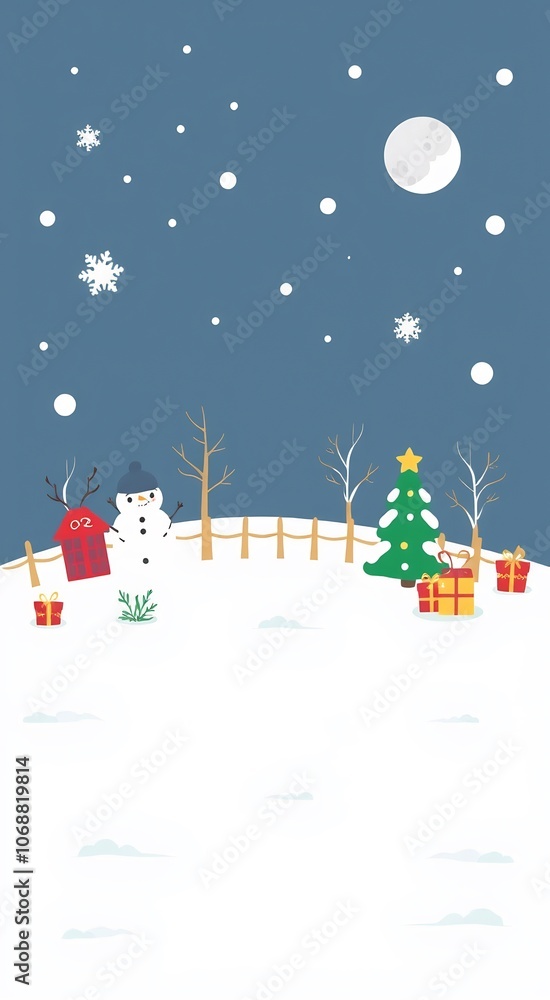 A happy snowman standing in the snow with a Christmas tree and presents in the background, with a full moon in the sky. A happy snowman standing in the snow with a Christmas tree and presents in the background, with a full moon in the sky.