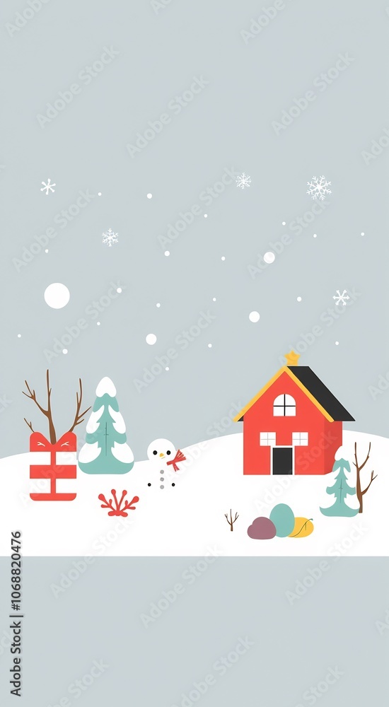 A winter scene with a red house, a snowman, a Christmas tree, and a gift in the snow. A winter scene with a red house, a snowman, a Christmas tree, and a gift in the snow.