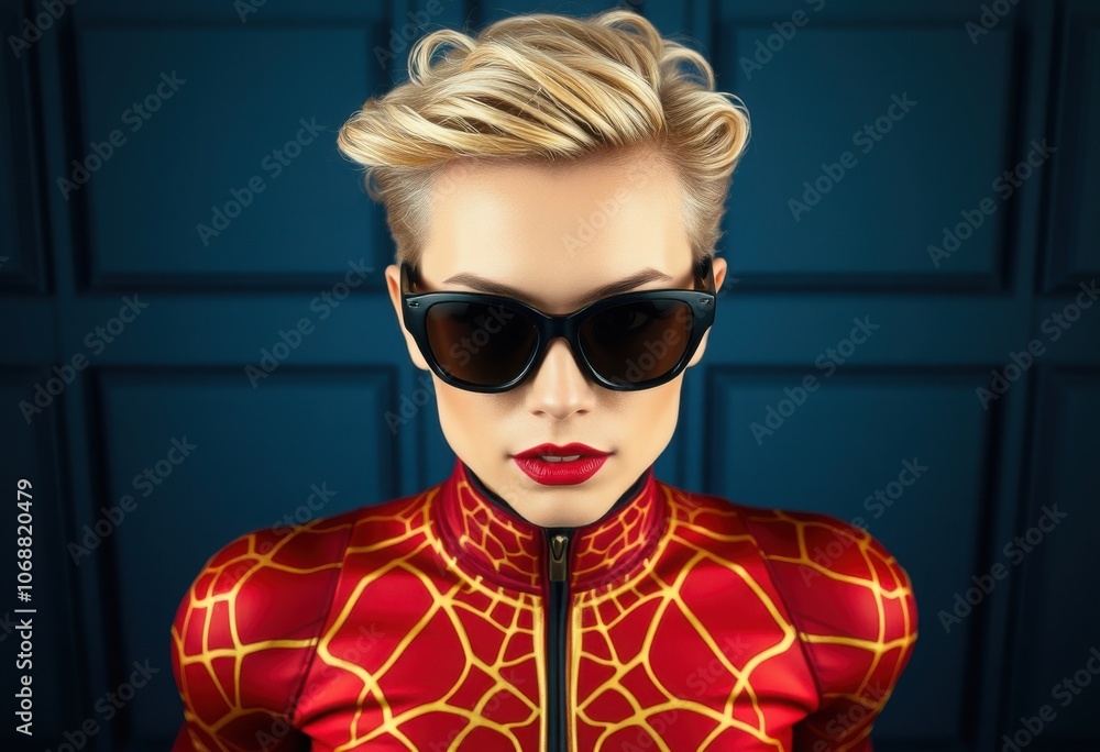 A woman dressed in a vibrant red and gold suit, posing confidently against a dark blue backdrop, showcasing a modern superhero style A woman dressed in a vibrant red and gold suit, posing confidently against a dark blue backdrop, showcasing a modern superhero style