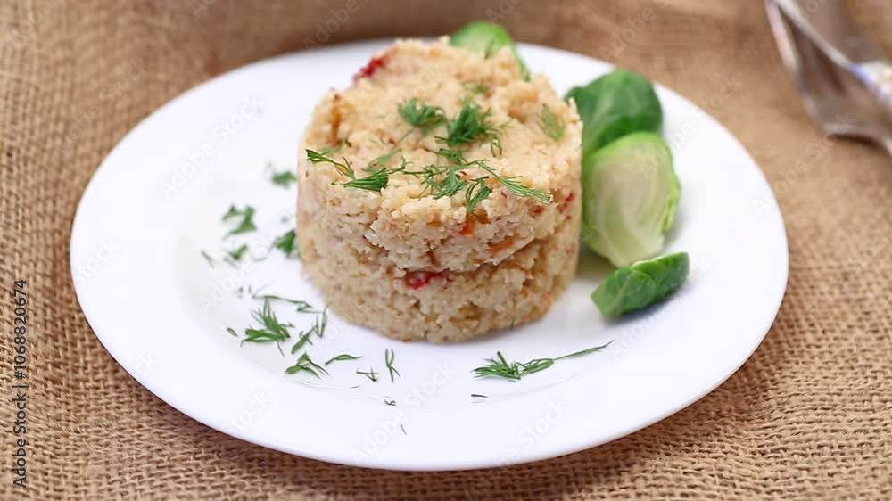 homemade cooked bulgur with Brussel sprouts in a plate, on a wooden table homemade cooked bulgur with Brussel sprouts in a plate, on a wooden table
