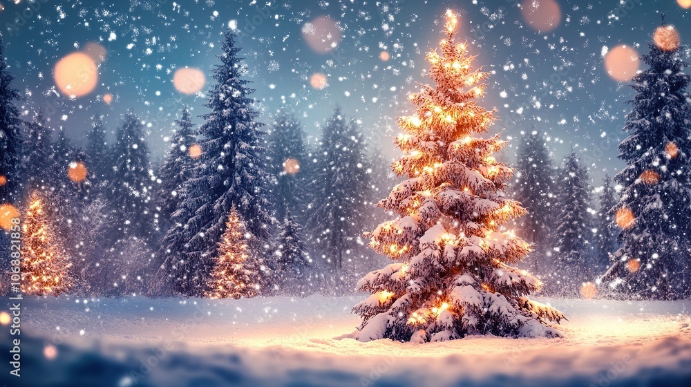 Naklejka premium Snowy Christmas tree glowing in winter forest night.