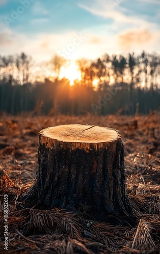 Tree stump in the middle of a deforested area, symbolizing the loss of nature and the impact of human activity