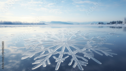 ake overlay gently covering a frozen lake, with intricate snowflake details visible against the icy surface photo