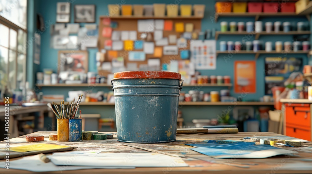 Colorful art studio filled with paint supplies, brushes, and a central paint bucket, capturing the vibrant and inspiring workspace of a creative artist, ideal for artistic themes and workshops Colorful art studio filled with paint supplies, brushes, and a central paint bucket, capturing the vibrant and inspiring workspace of a creative artist, ideal for artistic themes and workshops