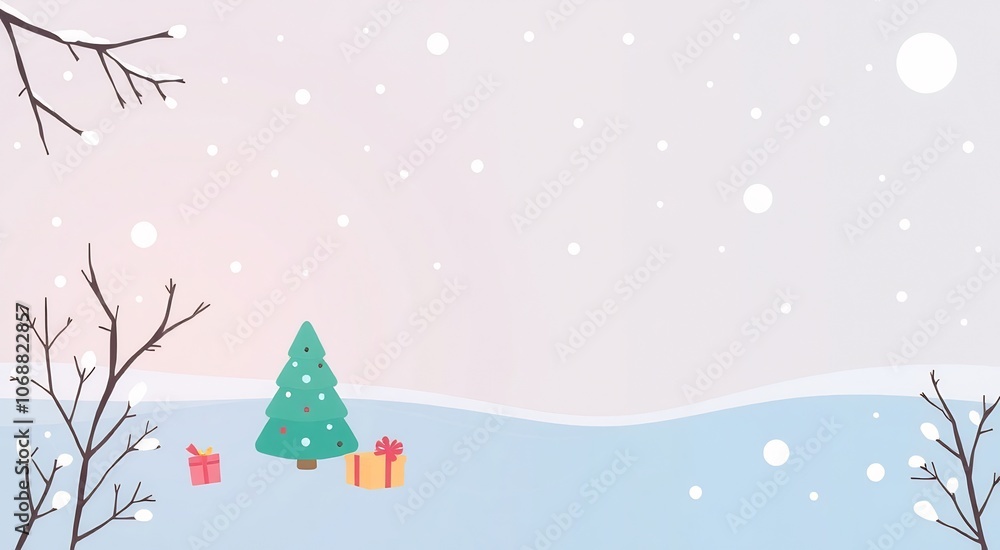 A simple winter scene with a Christmas tree, presents, and snowflakes. A simple winter scene with a Christmas tree, presents, and snowflakes.