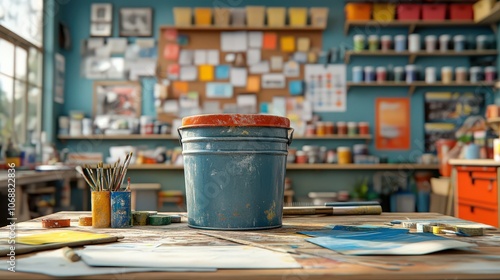 Colorful art studio filled with paint supplies, brushes, and a central paint bucket, capturing the vibrant and inspiring workspace of a creative artist, ideal for artistic themes and workshops photo