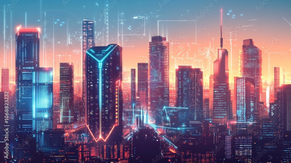 Smart city illustrations show a futuristic vision of connected buildings and infrastructure. Smart city illustrations show a futuristic vision of connected buildings and infrastructure.