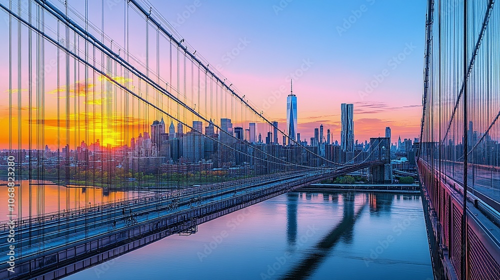 Fototapeta premium Modern Steel and Glass Bridge with Bike Lanes and City Skyline at Sunset