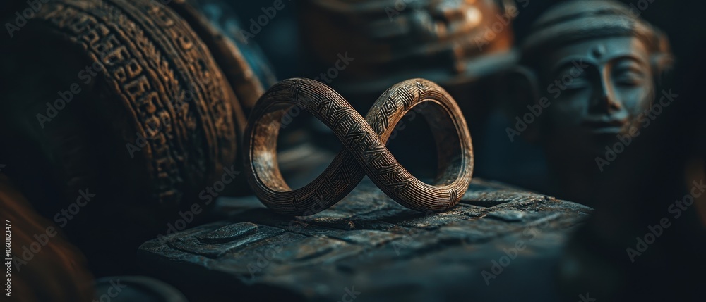 Overlapping Carved Wooden Rings in Nature Setting Overlapping Carved Wooden Rings in Nature Setting