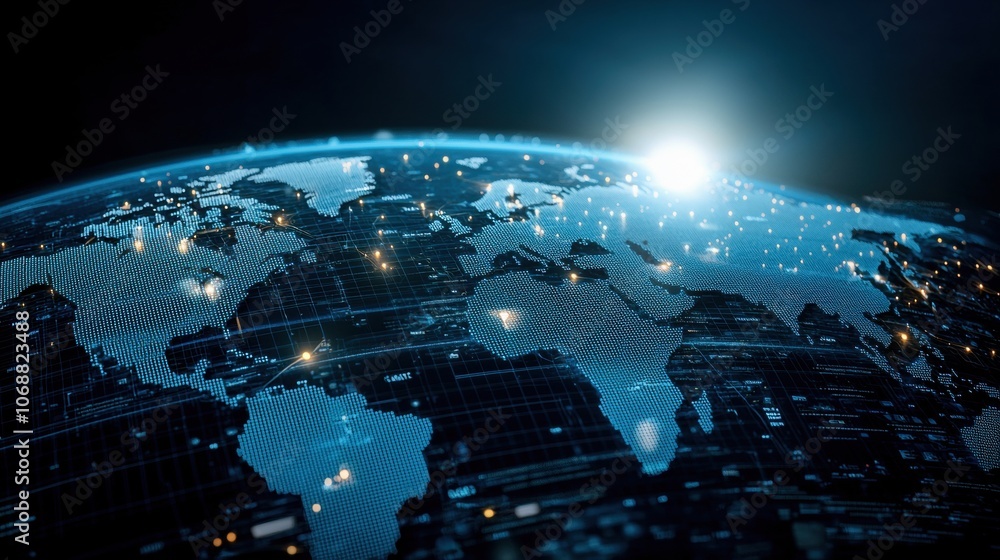 Global network view from space, illuminated continents, digital connections, sunrise effect. Global network view from space, illuminated continents, digital connections, sunrise effect.