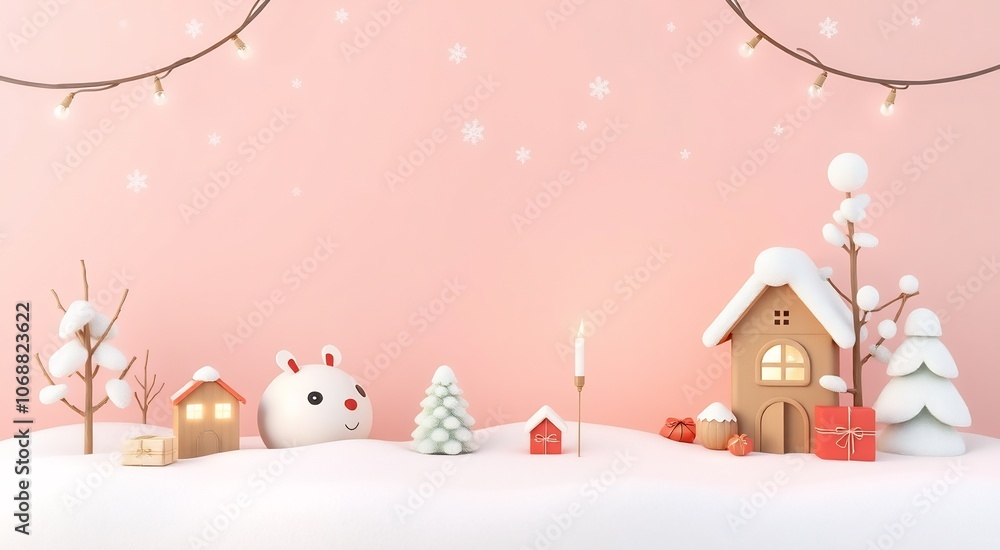 Cartoon winter scene with houses, trees, and a gift. Cartoon winter scene with houses, trees, and a gift.