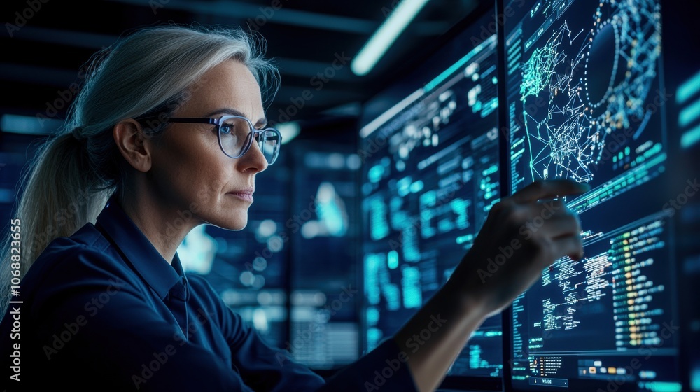 Focused woman analyzing data on a futuristic display in a dark environment. Focused woman analyzing data on a futuristic display in a dark environment.