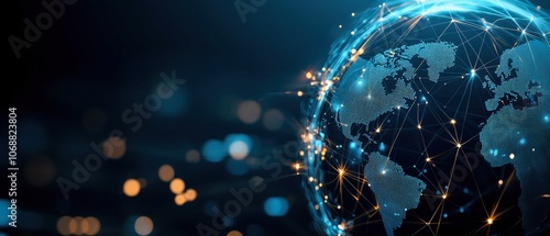 Digital globe with illuminated connections representing global communication and technology in a futuristic setting.