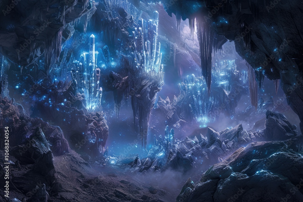 A Glowing Crystal Cave with Sharp Rock Formations A Glowing Crystal Cave with Sharp Rock Formations