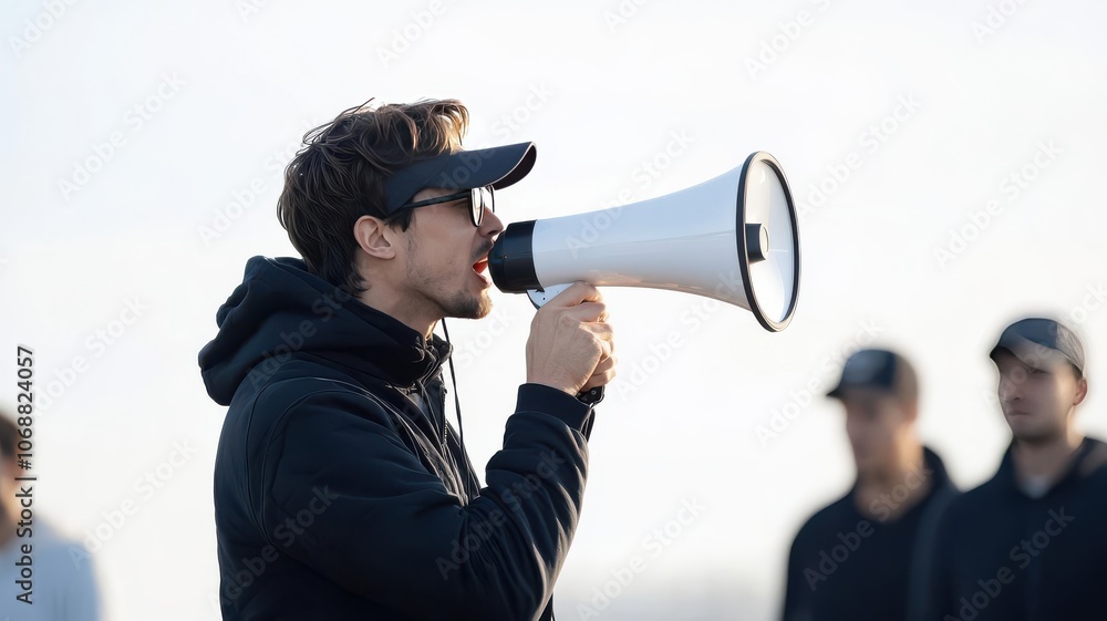 A movie director holding a megaphone, shouting instructions to actors on set director, megaphone, film set A movie director holding a megaphone, shouting instructions to actors on set director, megaphone, film set