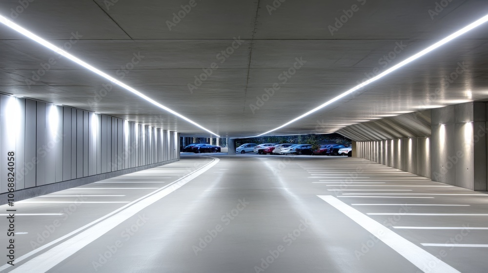 Strip lights illuminate the ceiling of a parking garage, enhancing visibility. Strip lights illuminate the ceiling of a parking garage, enhancing visibility.