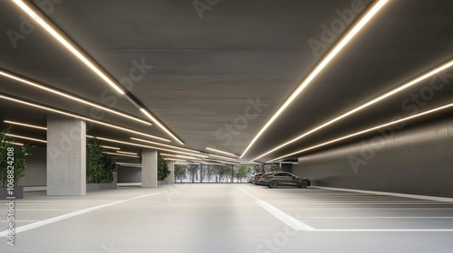 Strip lights illuminate the ceiling of a parking garage, enhancing visibility.  photo