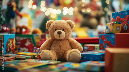 Christmas Toy Display with Teddy Bear and Gifts