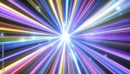 Abstract background with bright colorful lines converging on a central white light.