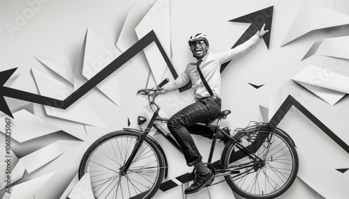 Dynamic Collage: Black and White Gamma Guy Riding Bicycle with Growing Arrow and Check Mark Icon photo