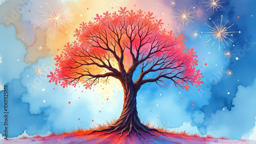 Multicolored tree with foliage and roots against colorful sky with fireworks