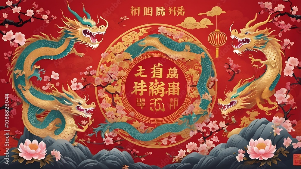 A poster highlighting Lunar New Year greetings in both Mandarin and English, surrounded by images of dragons and plum blossoms. A poster highlighting Lunar New Year greetings in both Mandarin and English, surrounded by images of dragons and plum blossoms.
