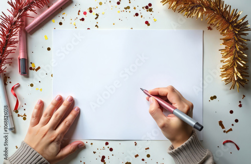 A close-up of a child's hands with a felt-tip pen near a white sheet of paper lying on the table, with felt-tip pens, tinsel, and confetti around it. Template for text