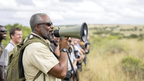 A tour guide on a safari, holding a megaphone to explain the wildlife to a group of tourists   safari guide, megaphone, wildlife tour