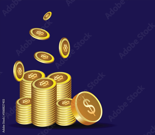 Vector illustration of a symbolic dollar coins in golden color. A drawing of a gold coin with a yellow arrow pointing up to the top. A stack of gold coins with a gold background with a symbol for the 