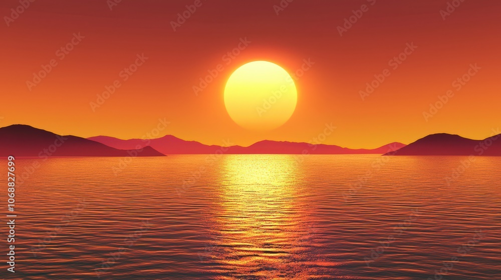 Naklejka premium Breathtaking ocean sunset with vibrant colors, dramatic clouds, and serene water reflections, creating a tranquil and picturesque seascape perfect for nature and travel themes