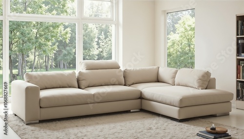 Stylish beige sectional sofa in bright living room with large windows and green view