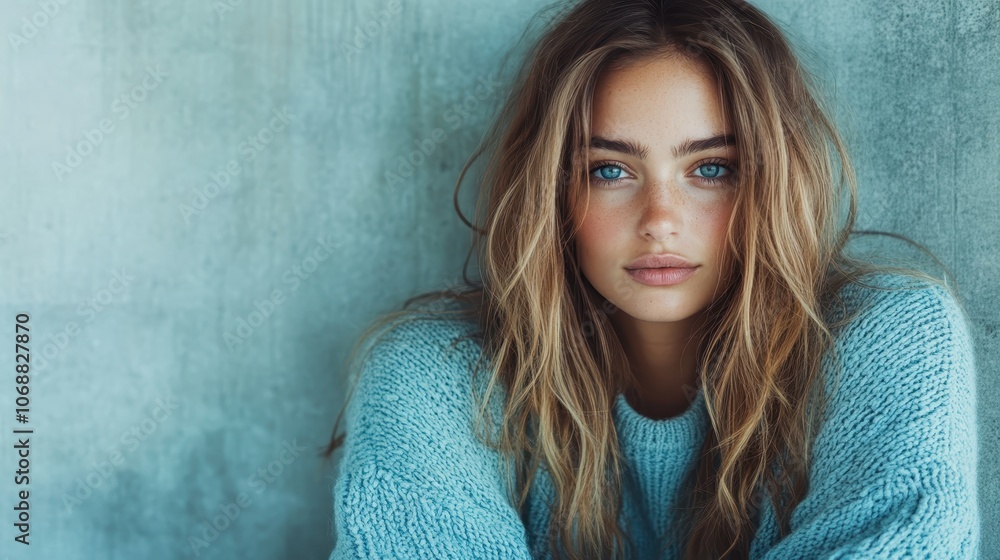 A contemplative woman in a cozy blue sweater leans against a textured gray wall, creating a soothing and intimate portrait emphasizing serenity and contemporary style. A contemplative woman in a cozy blue sweater leans against a textured gray wall, creating a soothing and intimate portrait emphasizing serenity and contemporary style.