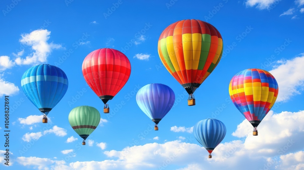 Vibrant array of identical balloons drifting serenely against a clear blue sky, evoking joy and celebration in an enchanting scene Vibrant array of identical balloons drifting serenely against a clear blue sky, evoking joy and celebration in an enchanting scene