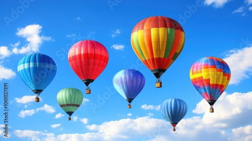 Vibrant array of identical balloons drifting serenely against a clear blue sky, evoking joy and celebration in an enchanting scene