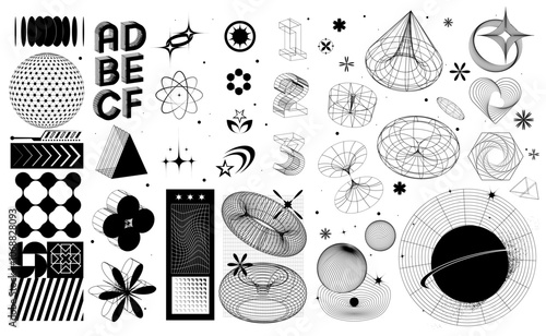 Set of acid style assets. Geometry wireframe shapes in Y2k style. Abstract black and white 3D shapes and objects. Design for banner. Outline 3D vector illustration collection isolated on background