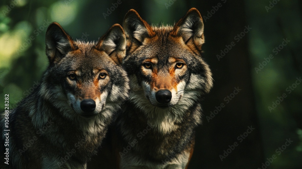 wolf stands protectively she wolf both gazing intently shadows dark forest. Their eyes reflect quiet strength their untamed world. wolf stands protectively she wolf both gazing intently shadows dark forest. Their eyes reflect quiet strength their untamed world.