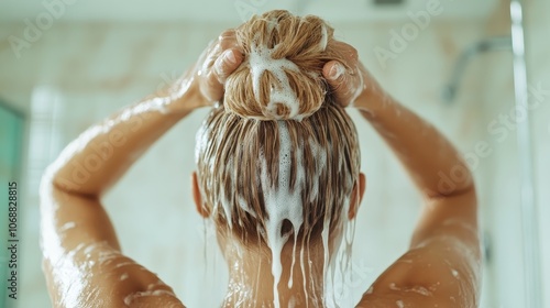 A serene portrayal of a woman indulging in a luxurious shower, her hair richly lathered in shampoo, surrounded by a calming and private environment. photo