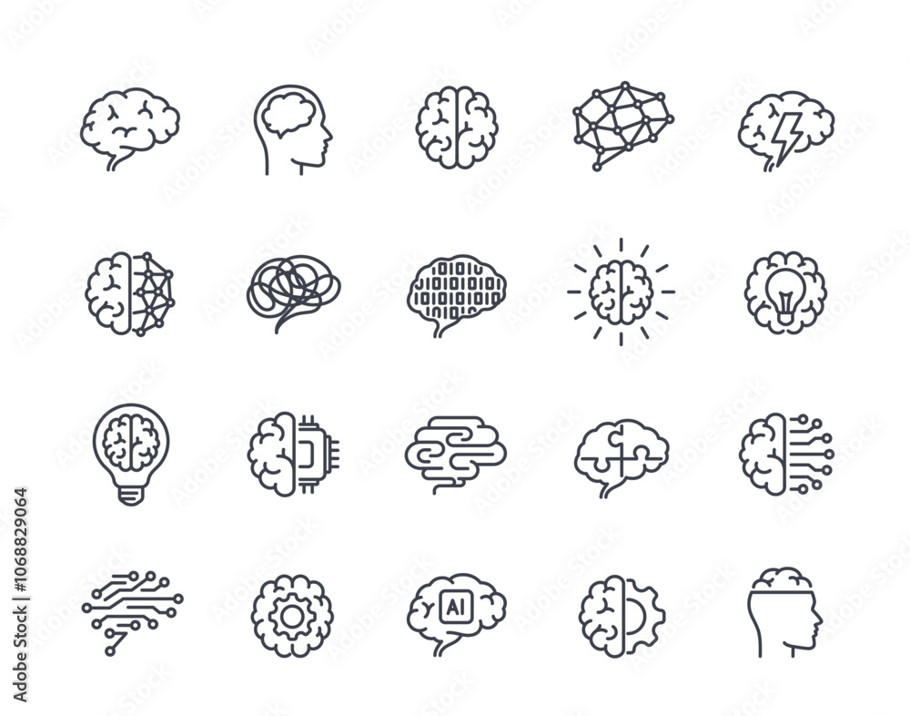 Human brain line icons set. Simple symbols related to intelligence, AI, psychology, anatomy and creativity. Editable stroke. Outline vector illustration collection isolated on white background Human brain line icons set. Simple symbols related to intelligence, AI, psychology, anatomy and creativity. Editable stroke. Outline vector illustration collection isolated on white background