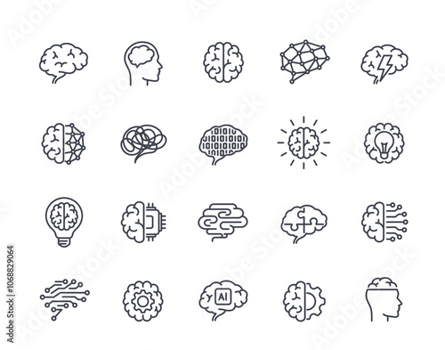 Human brain line icons set. Simple symbols related to intelligence, AI, psychology, anatomy and creativity. Editable stroke. Outline vector illustration collection isolated on white background