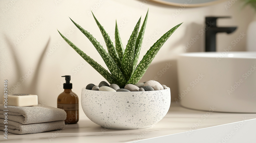 Fresh aloe vera plant in a white ceramic pot with decorative stones, placed on a minimalist bathroom shelf. Soft, indirect lighting enhances the smooth leaves and textures of the pot Fresh aloe vera plant in a white ceramic pot with decorative stones, placed on a minimalist bathroom shelf. Soft, indirect lighting enhances the smooth leaves and textures of the pot