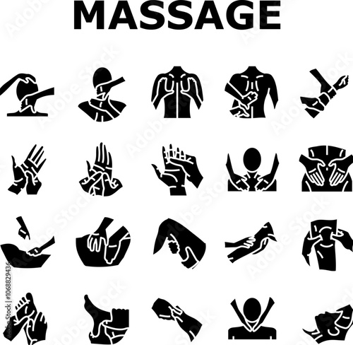 massage therapy relaxation icons set vector. wellness healing, therapy stress, tension, rejuvenation holistic, bodywork, spa massage therapy relaxation glyph pictogram Illustrations