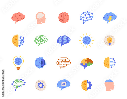 Human brain icons set. Colourful signs related to mental health, psychology, intelligence, creative ideas. Design elements for app. Flat vector illustration collection isolated on white background