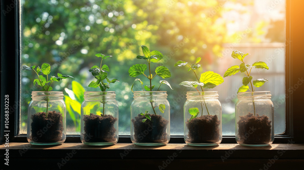 Thyme, mint, and parsley plants in clear glass jars on a kitchen windowsill, with sunlight illuminating the fresh leaves. The rustic jars and blurred outdoor view are captured in high resolution Thyme, mint, and parsley plants in clear glass jars on a kitchen windowsill, with sunlight illuminating the fresh leaves. The rustic jars and blurred outdoor view are captured in high resolution