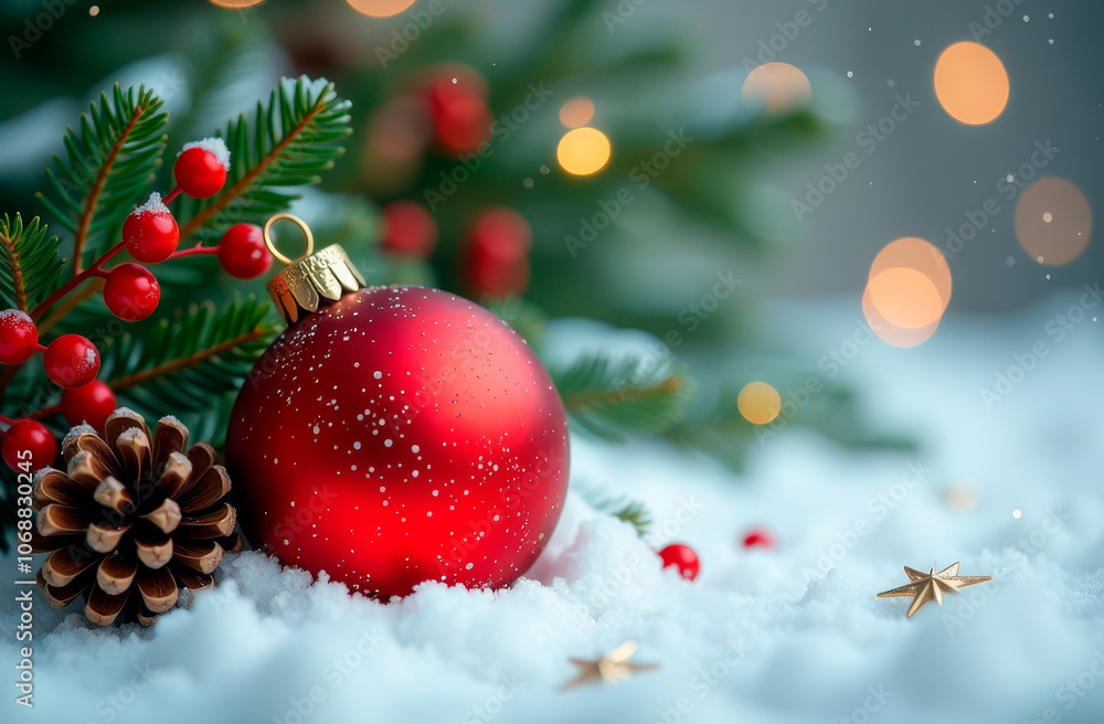 Fir branches, berries and red Christmas tree balls on snow. Festive winter background. Postcard Fir branches, berries and red Christmas tree balls on snow. Festive winter background. Postcard